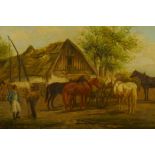 Figures with horses by a thatched barn, signed J. Stone, C19th oil on panel, heavy gilt framed, 9" x