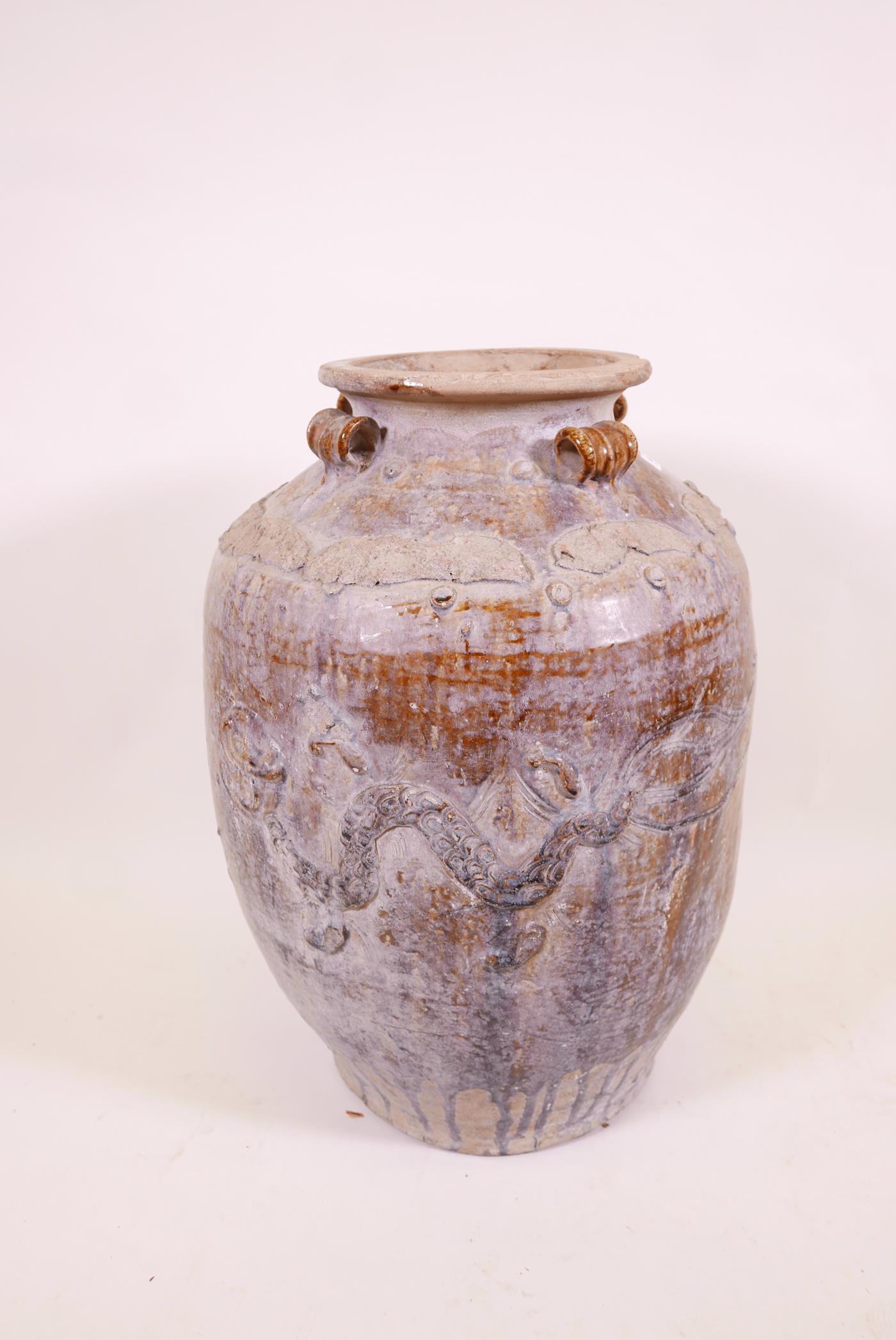 A large Chinese treacle glazed jar with four moulded ring handles, 26" high - Image 4 of 5