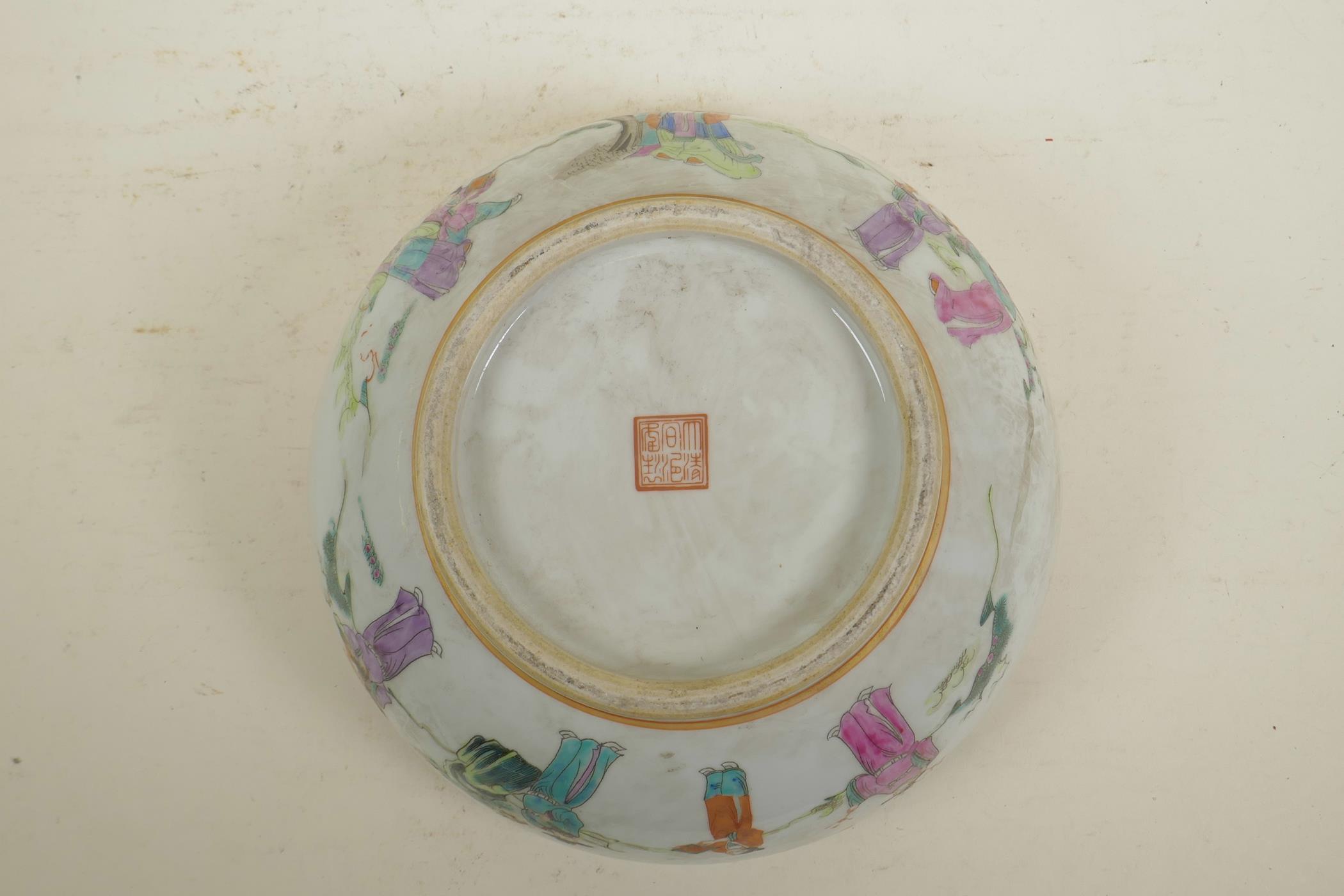 A Chinese famille rose enamel porcelain bowl decorated with brightly robed figures in a landscape, - Image 5 of 5