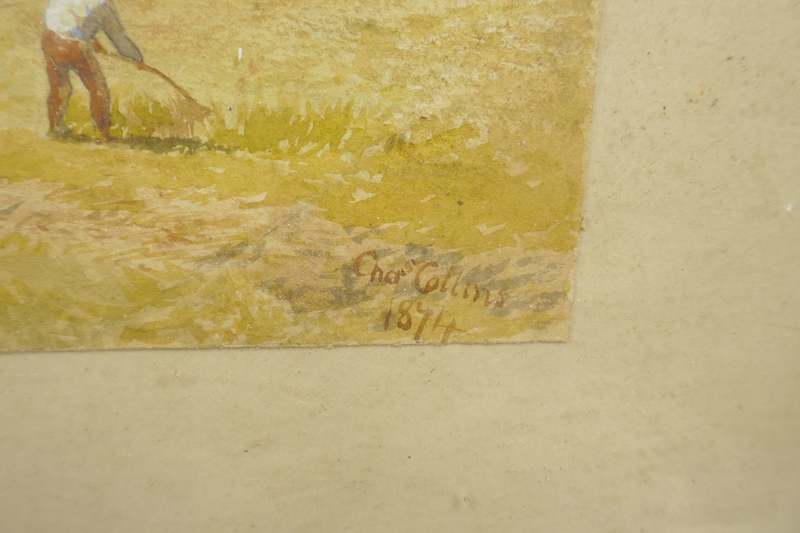 Charles Collins, hay cutting in a field, watercolour, signed and dated 1874, 15" x 11" - Image 3 of 4