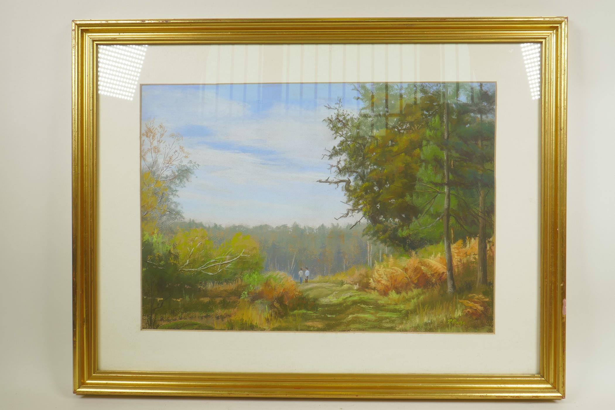 P. Page, two figures in a woodland landscape, mixed media painting, titled verso 'Nr Stedham' 17" - Image 3 of 3