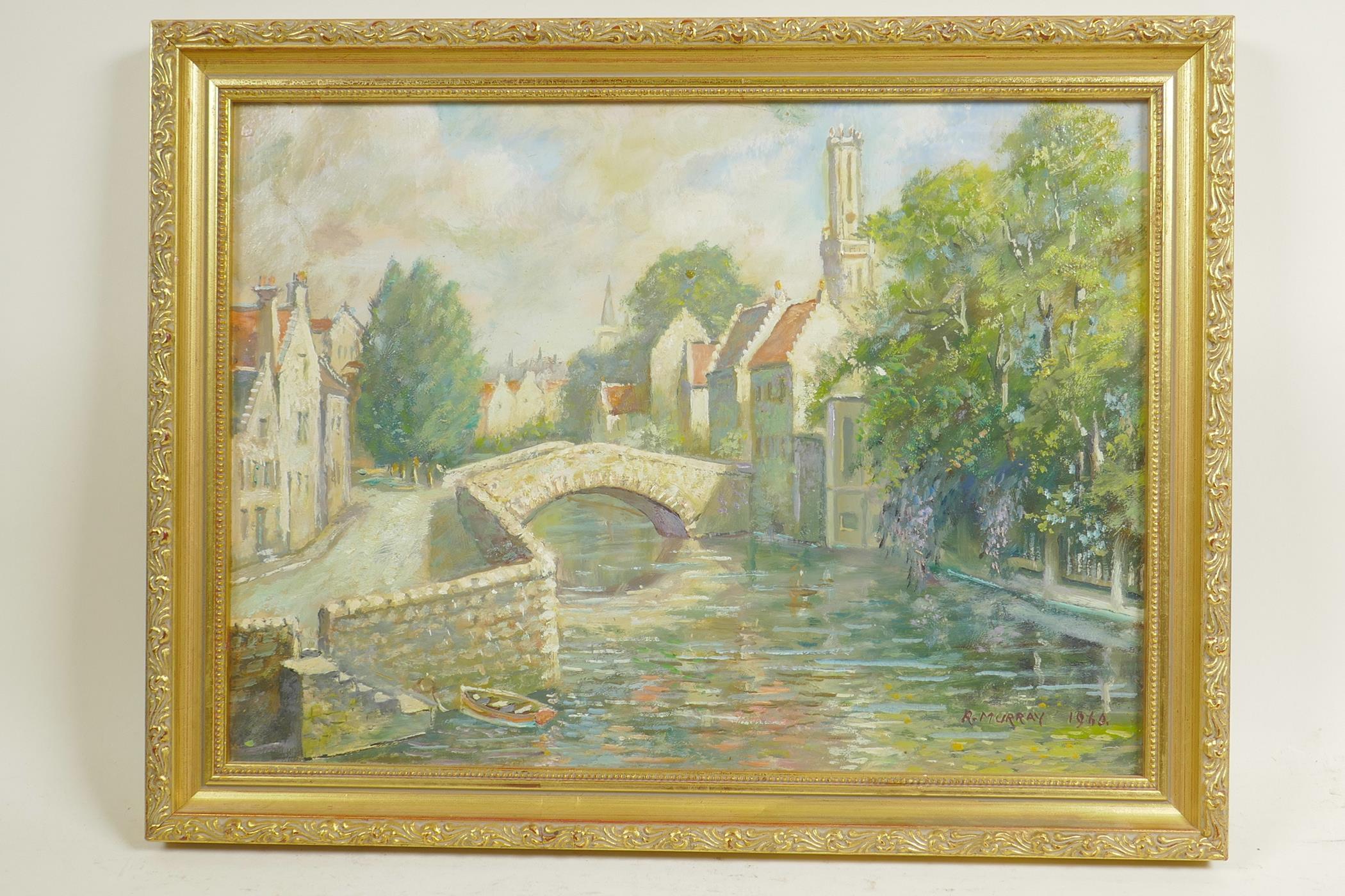 Robert Murray, river and town scene with stone bridge, signed and dated 1960, oil on board, 13" x - Image 3 of 4