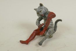 A small cold painted bronze figurine of Puss in Boots, 3" high