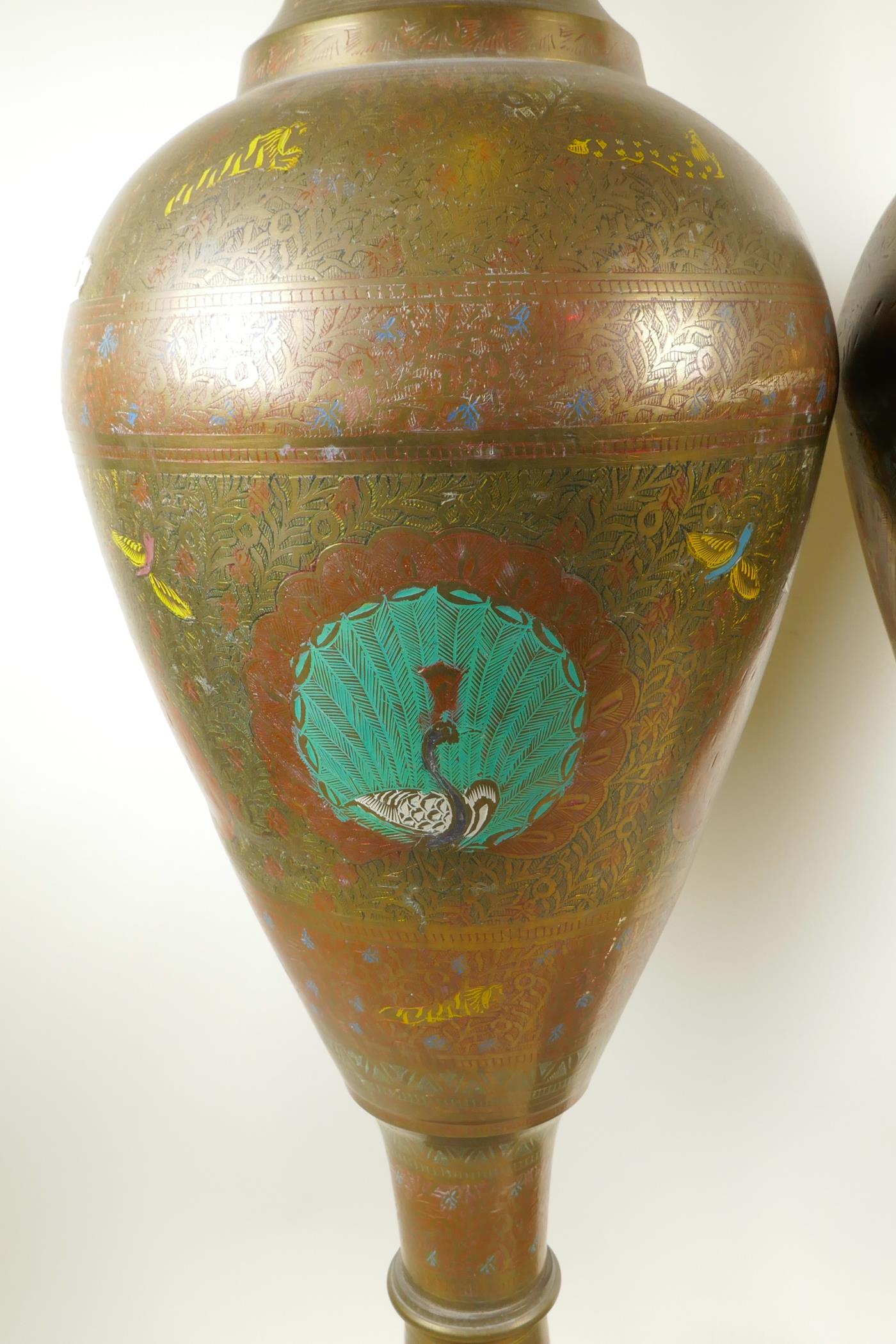 A pair of large Indian brass floor vases with engraved and painted decoration depicting peacocks, - Image 9 of 9