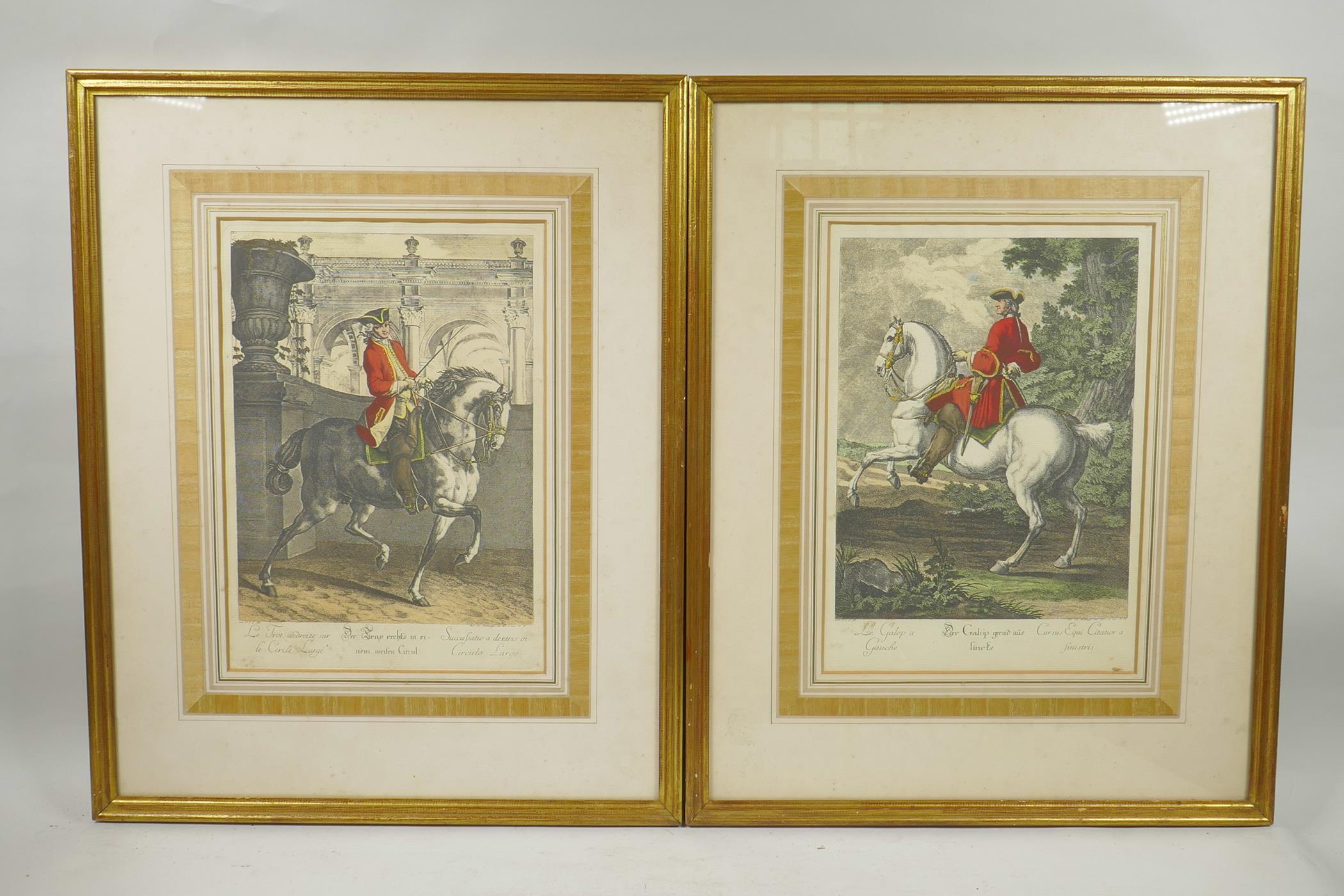 After Johann Elias Ridinger, a pair of hand coloured engravings depicting military gentlemen on - Image 5 of 5