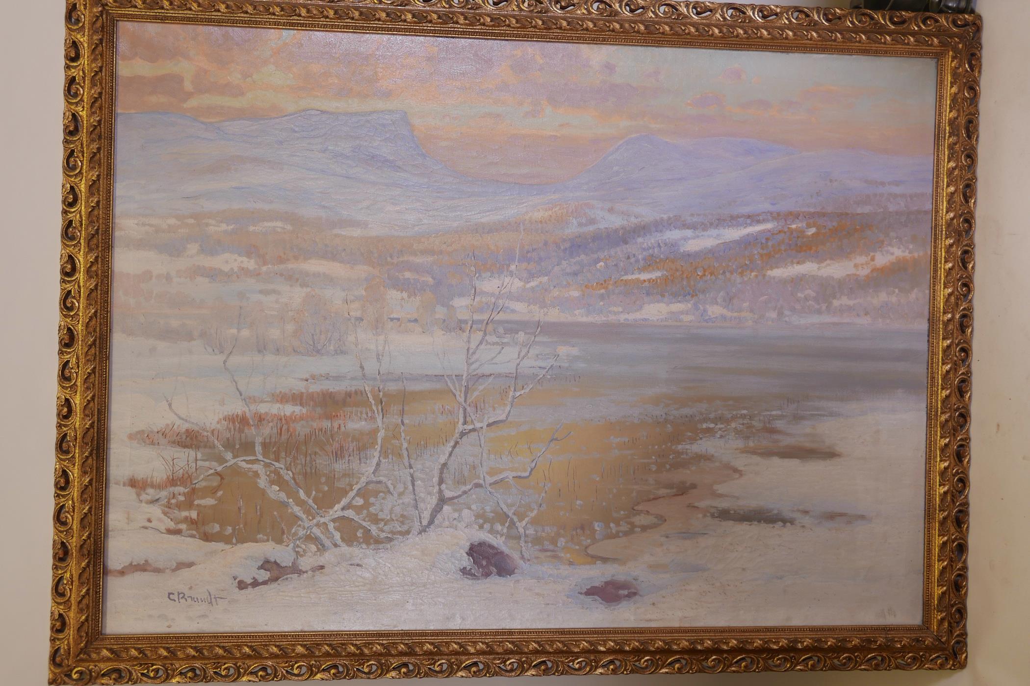 C. (Carl) Rundt, bleak winter fjord scene, signed, oil on canvas, 49" x 35" - Image 2 of 4