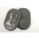 A Chinese boxed inkstone with an engraved inscription, the cover with inset figural decoration,