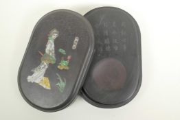 A Chinese boxed inkstone with an engraved inscription, the cover with inset figural decoration,