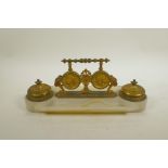 A French ormolu and alabaster desk stand, 13" x 5"