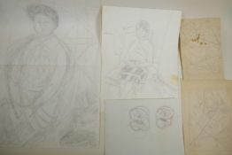Attributed to Marie Vorobieff, 'Marevna', a collection of pencil sketches, most signed Marevna,