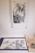 A Chinese watercolour river landscape scroll and two other landscape scrolls, largest 53" x 26", A/F