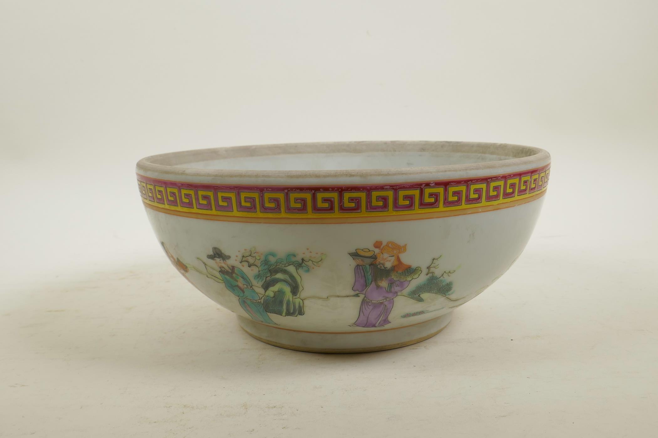 A Chinese famille rose enamel porcelain bowl decorated with brightly robed figures in a landscape, - Image 2 of 5