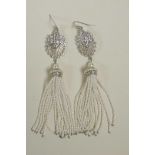 A pair of Art Deco style silver, pearl and cubic zirconium drop earrings, 4½" drop