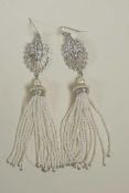A pair of Art Deco style silver, pearl and cubic zirconium drop earrings, 4½" drop