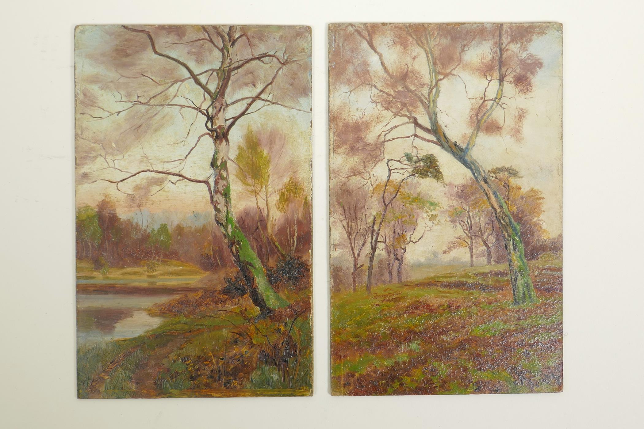 A pair of unframed oils on millboard, landscapes, one inscribed verso 'Golden Short', 8¼" x 5"