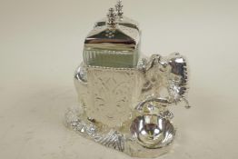 A silver plated 'Elephant' cruet with glass salt and pepper containers, 4¼" high