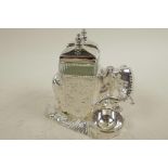 A silver plated 'Elephant' cruet with glass salt and pepper containers, 4¼" high