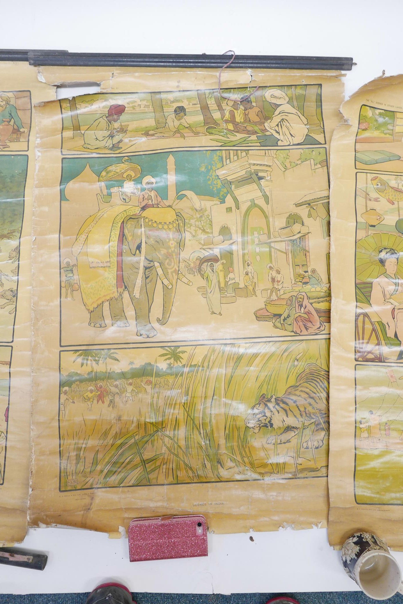 Three vintage educational scrolls, 'Life in Other Nations', India, Japan and Russia, 26" x 38" (3) - Image 3 of 4