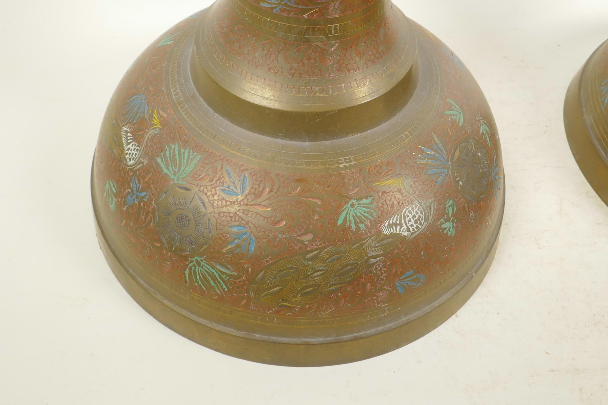 A pair of large Indian brass floor vases with engraved and painted decoration depicting peacocks, - Image 6 of 9