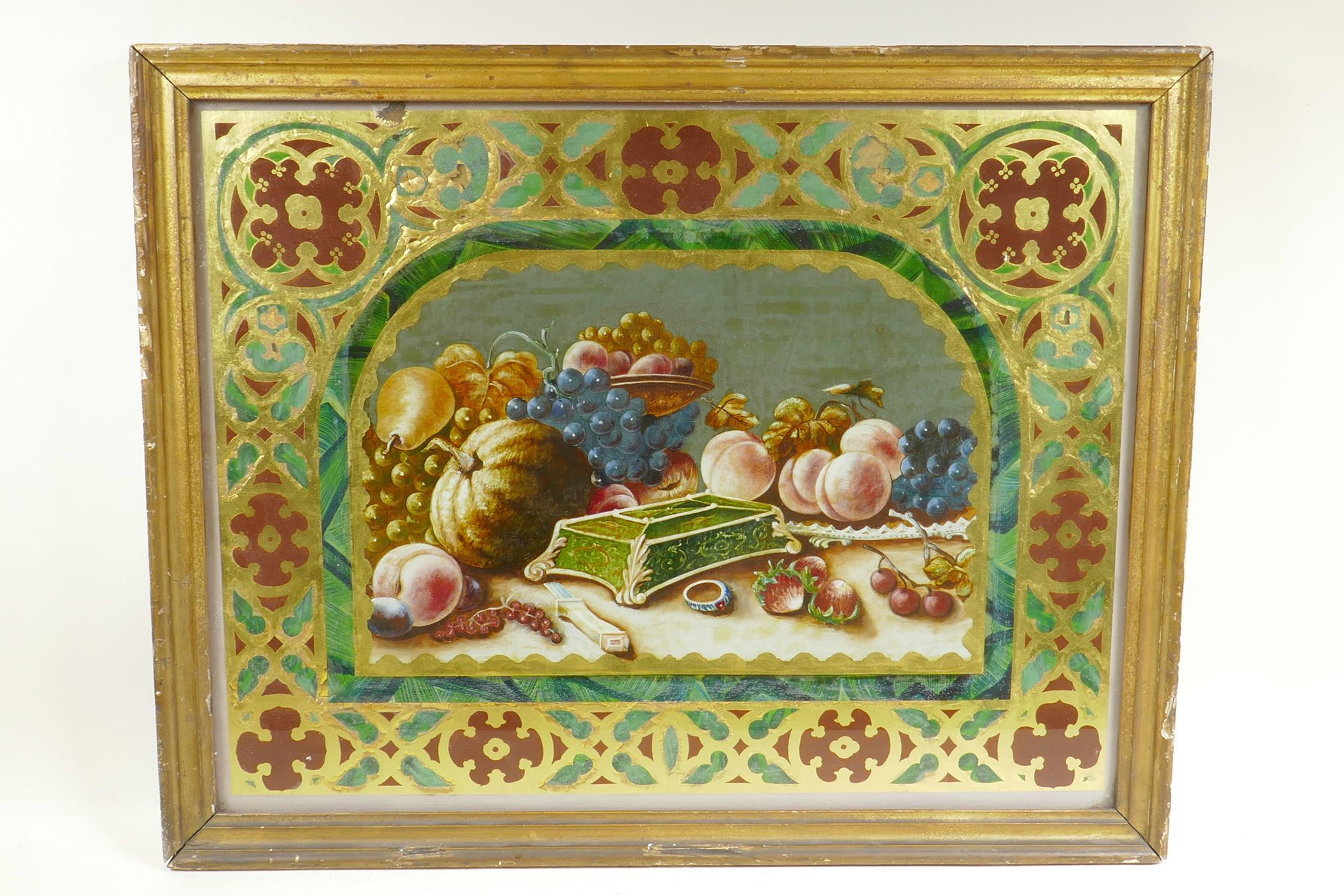 A C19th eglomise and reverse painted still life of fruit, with Gothic Revival decoration, in a - Image 2 of 7