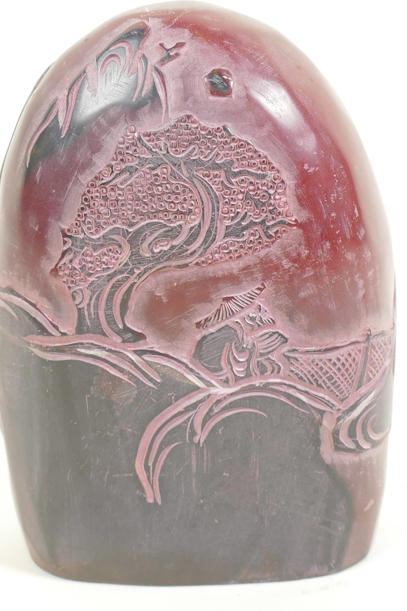 A Chinese soapstone seal with carved decoration of a figure in a landscape, 5" high - Image 2 of 3