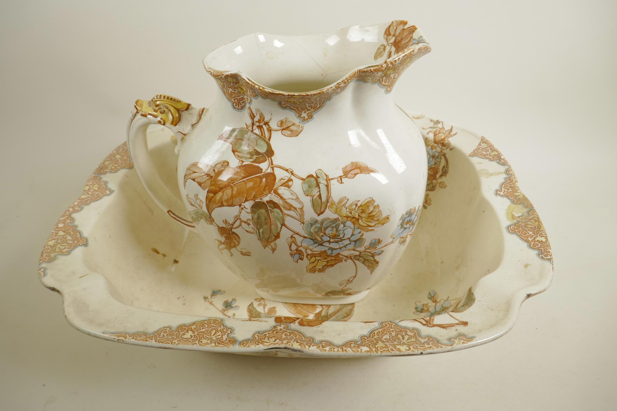 A C19th Doulton Burslem 'Jessica' pattern square section wash jug and bowl, A/F, bowl 17" x 14"