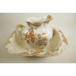 A C19th Doulton Burslem 'Jessica' pattern square section wash jug and bowl, A/F, bowl 17" x 14"