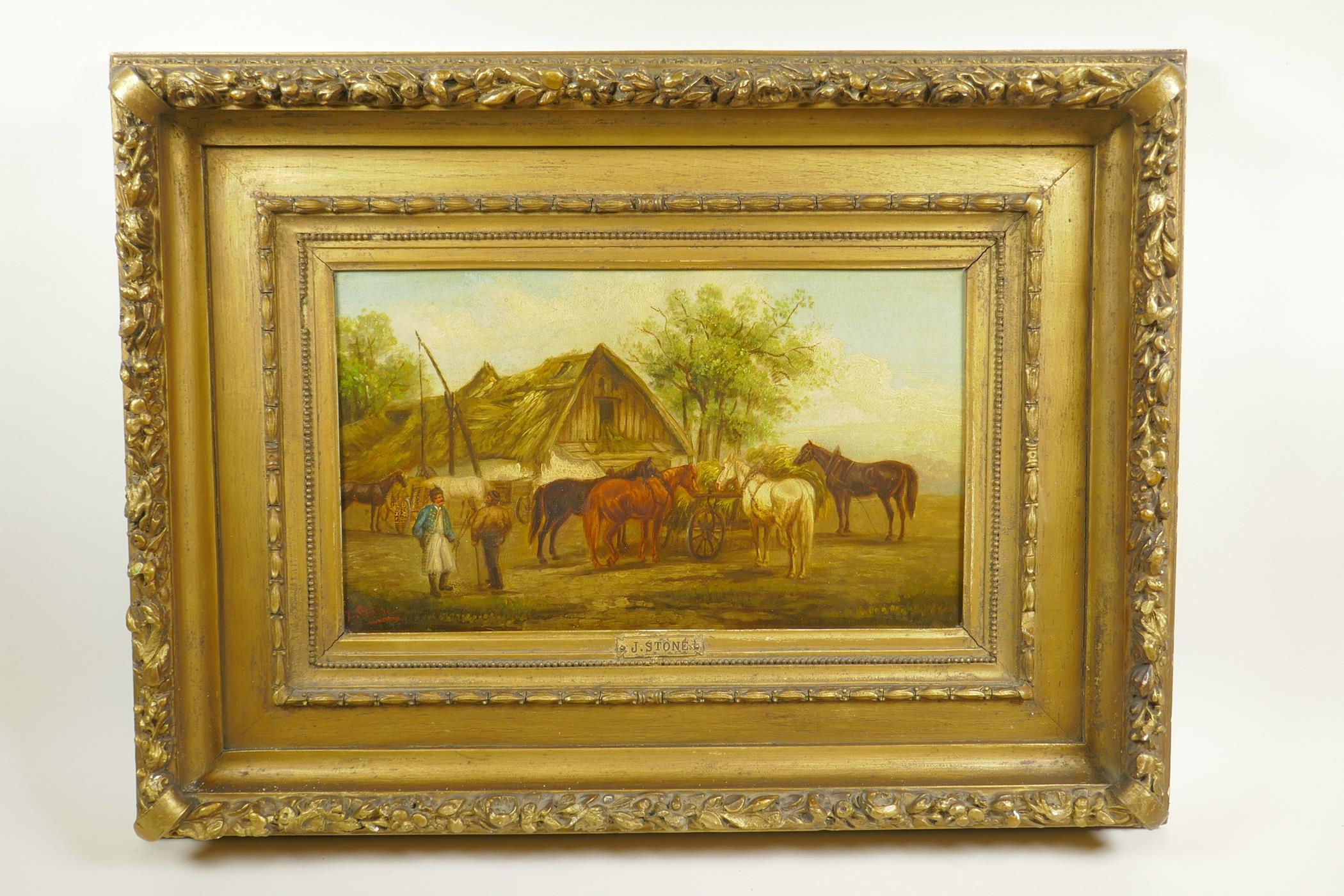 Figures with horses by a thatched barn, signed J. Stone, C19th oil on panel, heavy gilt framed, 9" x - Image 3 of 6