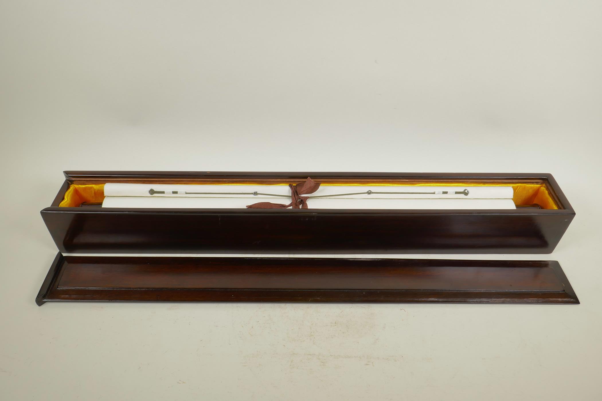A Chinese calligraphy scroll and fitted hardwood scroll box, scroll 17½" x 17½", box 26½" x 3½" - Image 4 of 5
