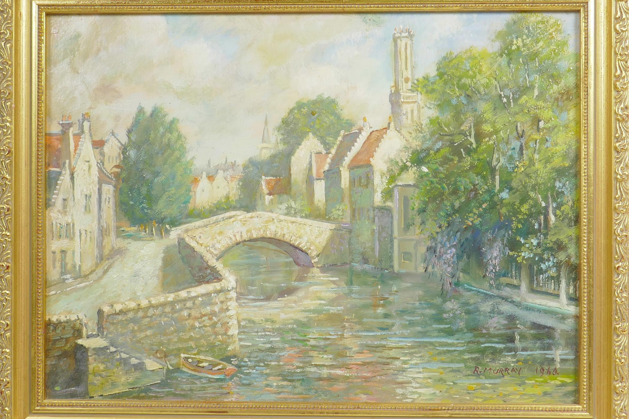 Robert Murray, river and town scene with stone bridge, signed and dated 1960, oil on board, 13" x - Image 2 of 4