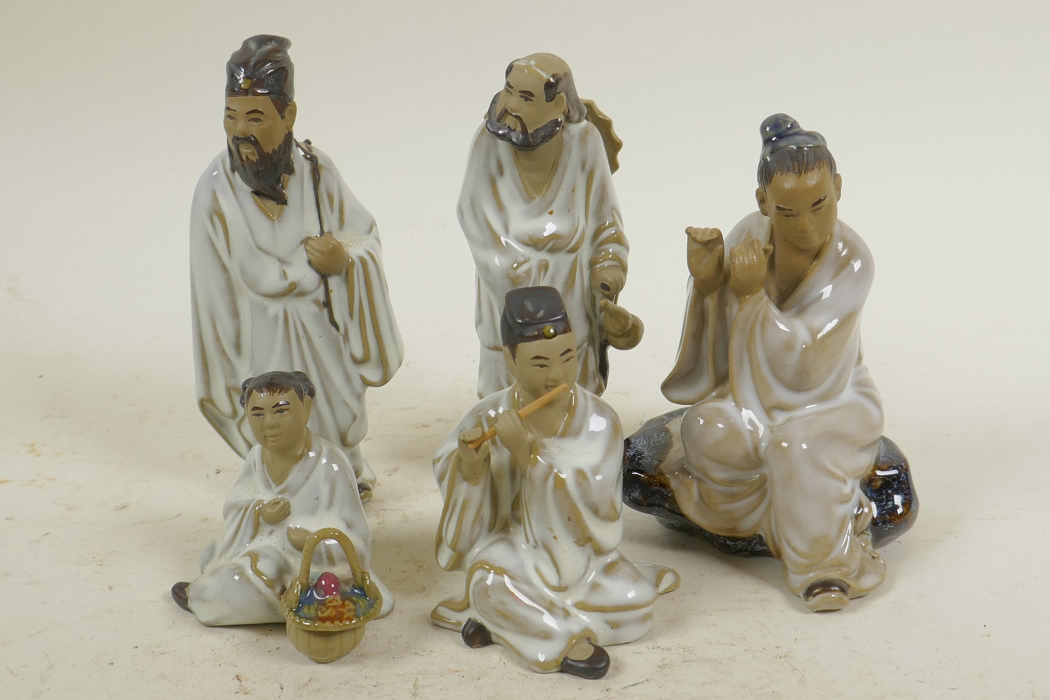 Five small Chinese, Shiwan style, mud men figures, largest 4½" high, one A/F