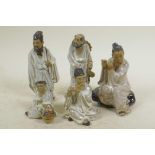 Five small Chinese, Shiwan style, mud men figures, largest 4½" high, one A/F