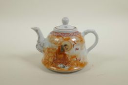 A Chinese Republic porcelain teapot decorated with a red robed Lohan, character inscription verso,