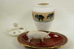 A Beswick model sow, matte glaze, A/F, a Carltonware Rouge Royale oblong dish, 12" x 8", a studio