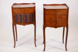 A pair of marquetry inlaid tulipwood side cabinets, with single drawer over two cupboards, raised on