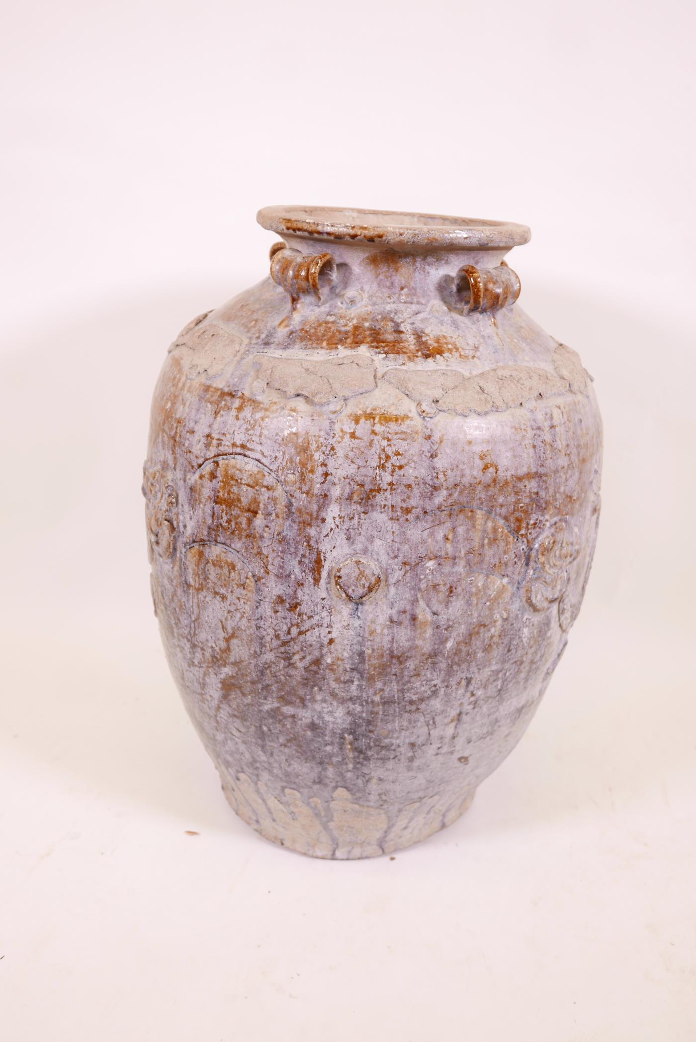 A large Chinese treacle glazed jar with four moulded ring handles, 26" high - Image 3 of 5