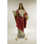 A plaster Sacred Heart figure of Christ, A/F, 25½" high