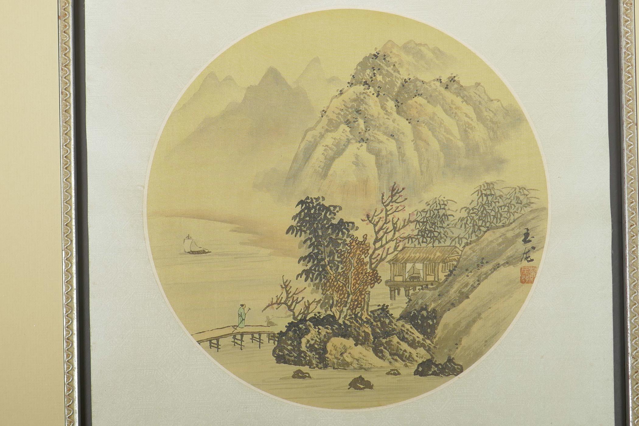 A Chinese monochrome watercolour on silk, depicting a river landscape with boats, together with a - Image 3 of 4