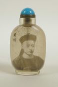 A Chinese reverse decorated glass snuff bottle depicting a portrait of a Chinese leader, character