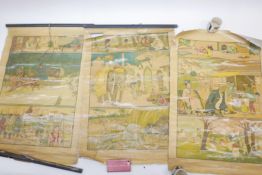 Three vintage educational scrolls, 'Life in Other Nations', India, Japan and Russia, 26" x 38" (3)