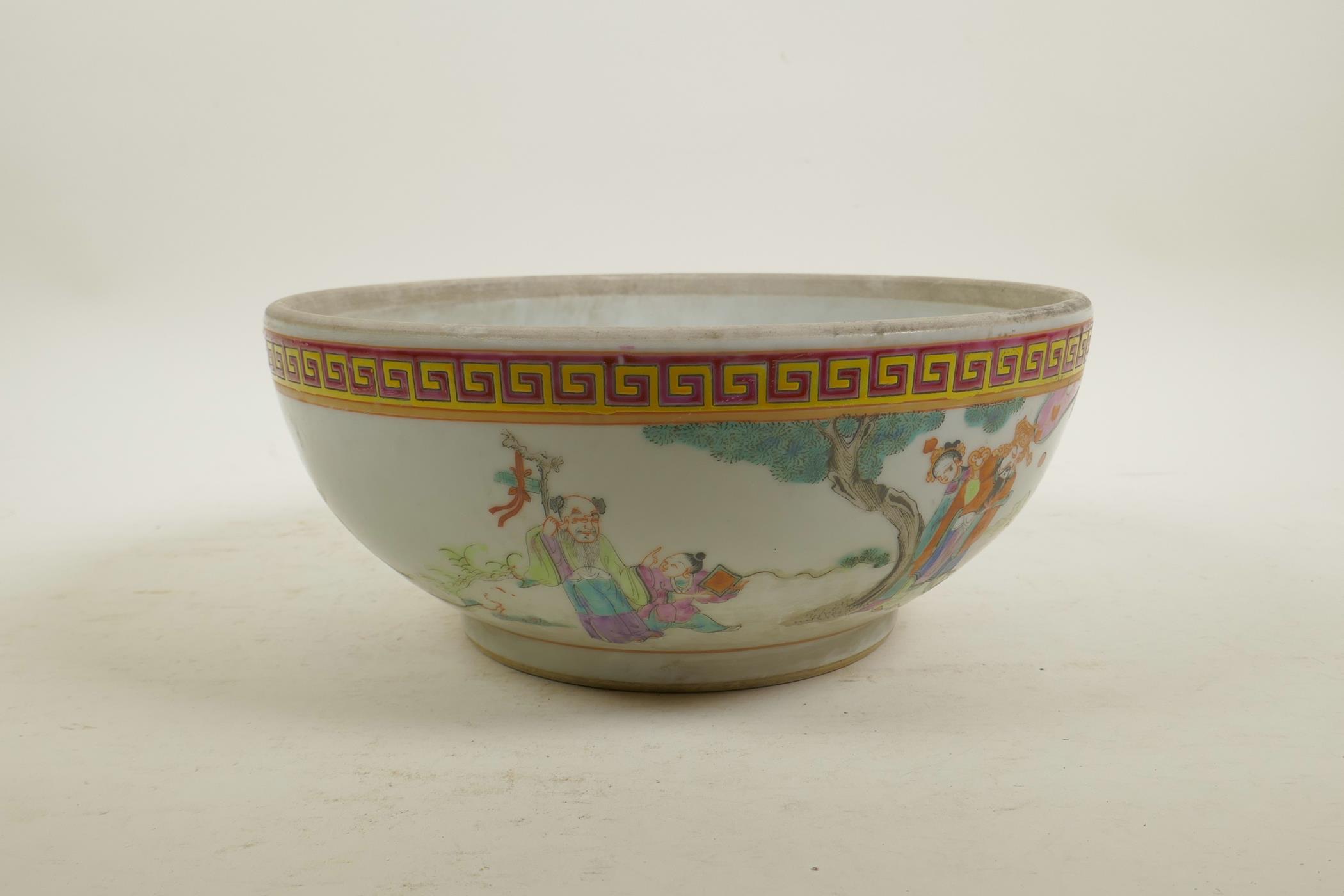 A Chinese famille rose enamel porcelain bowl decorated with brightly robed figures in a landscape, - Image 3 of 5