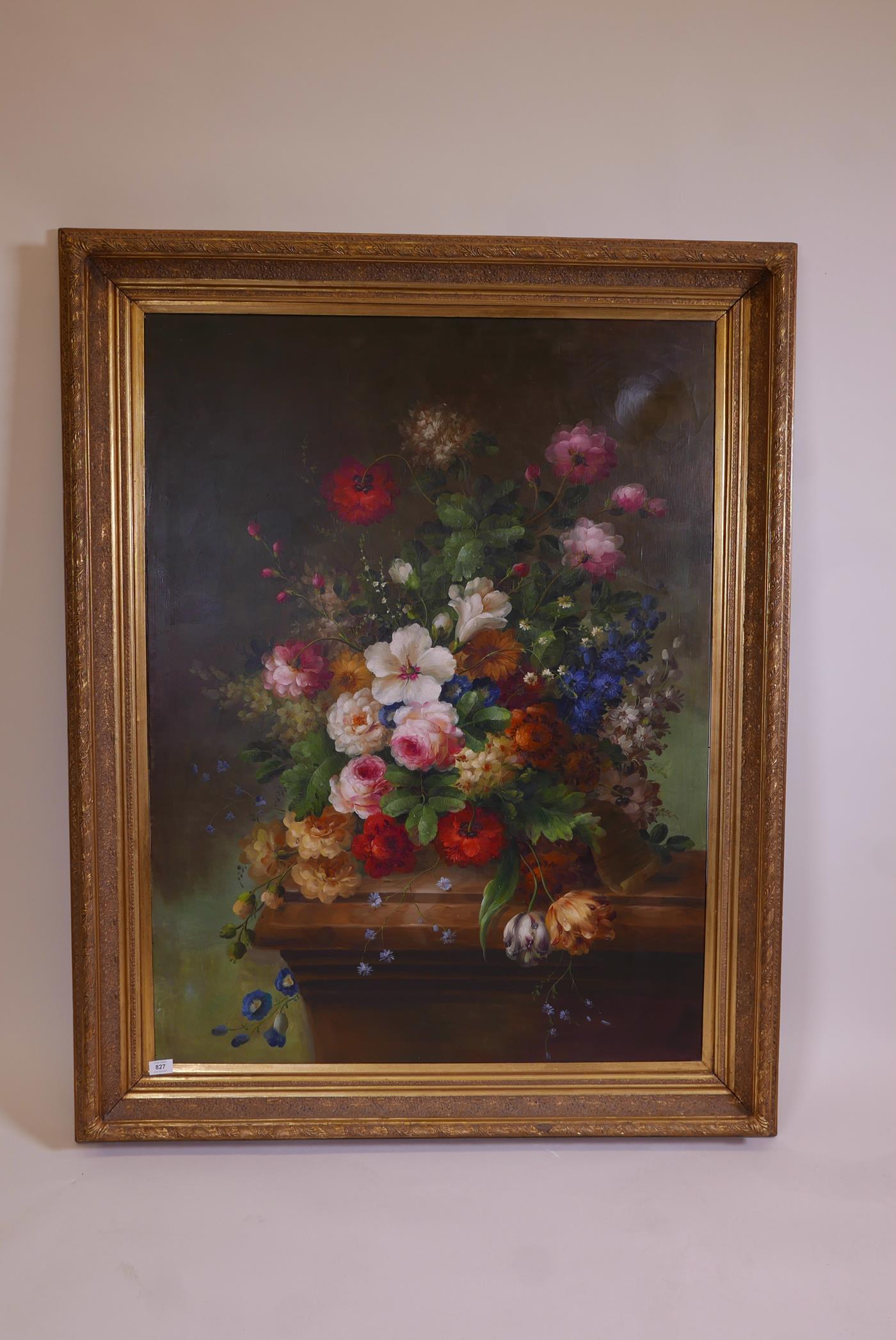 A Dutch style floral still life, oil on canvas, in a gilt frame, unsigned, late C20th, 36" x 48" - Image 2 of 4