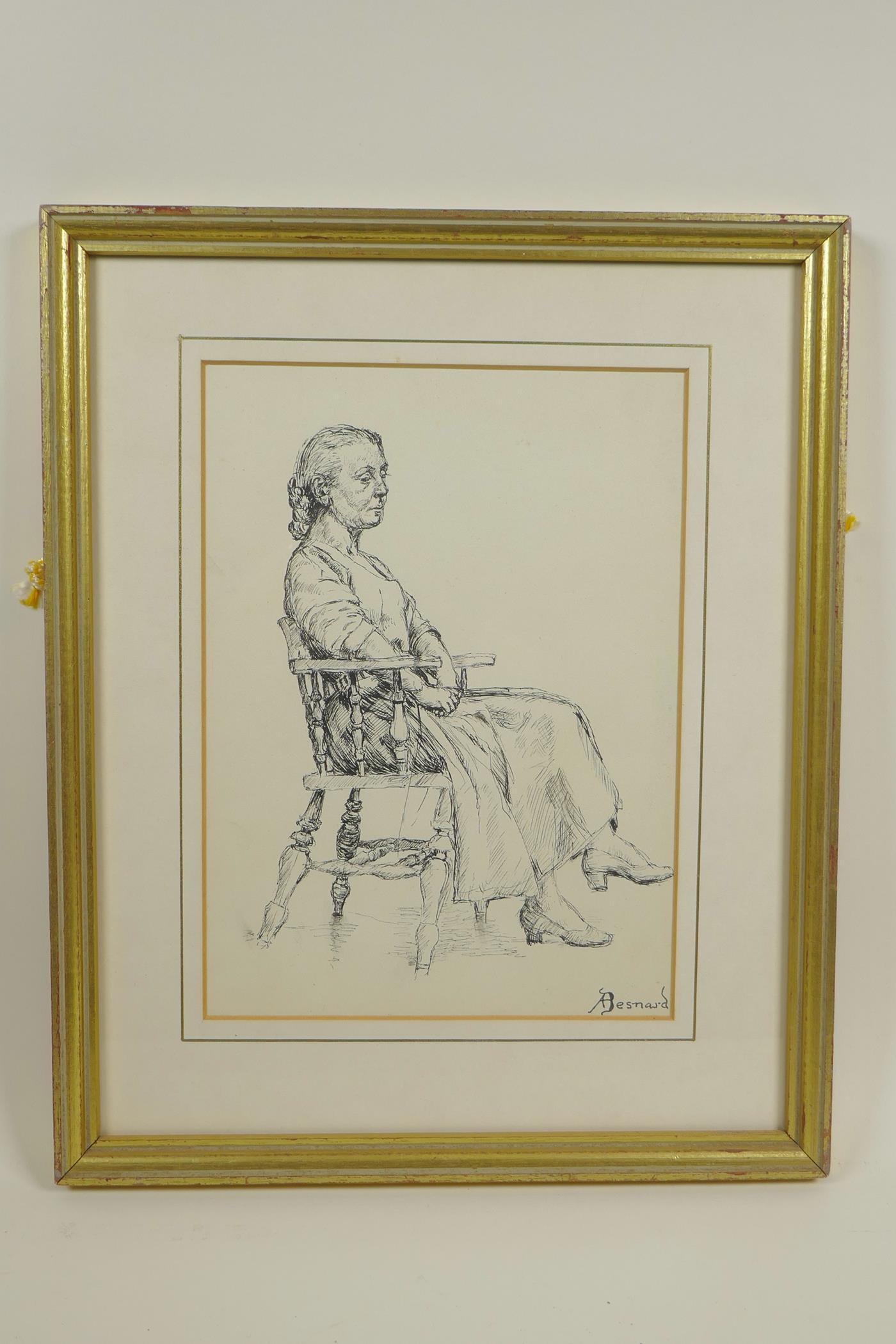 A pen and ink drawing, portrait of a seated lady, signed A. Besnard, 9" x 6½" - Image 2 of 4