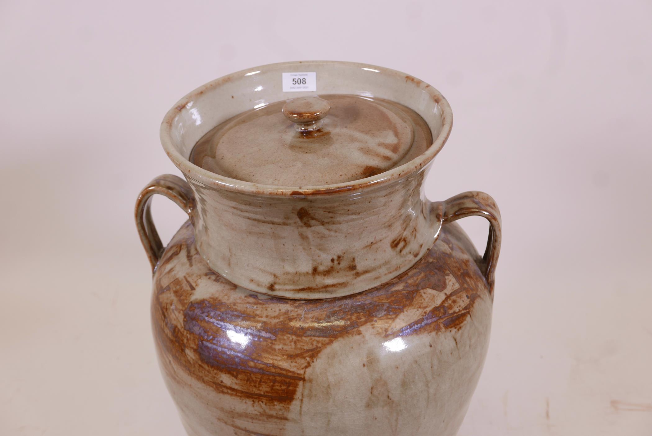 A stoneware storage jar and cover, with two handles, 23" high - Image 2 of 2