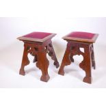 A pair of Gothic oak stools, 16" x 16", 19" high