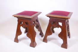 A pair of Gothic oak stools, 16" x 16", 19" high