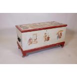 A C19th pine blanket chest with painted and decoupage decoration of Oriental figures, having iron