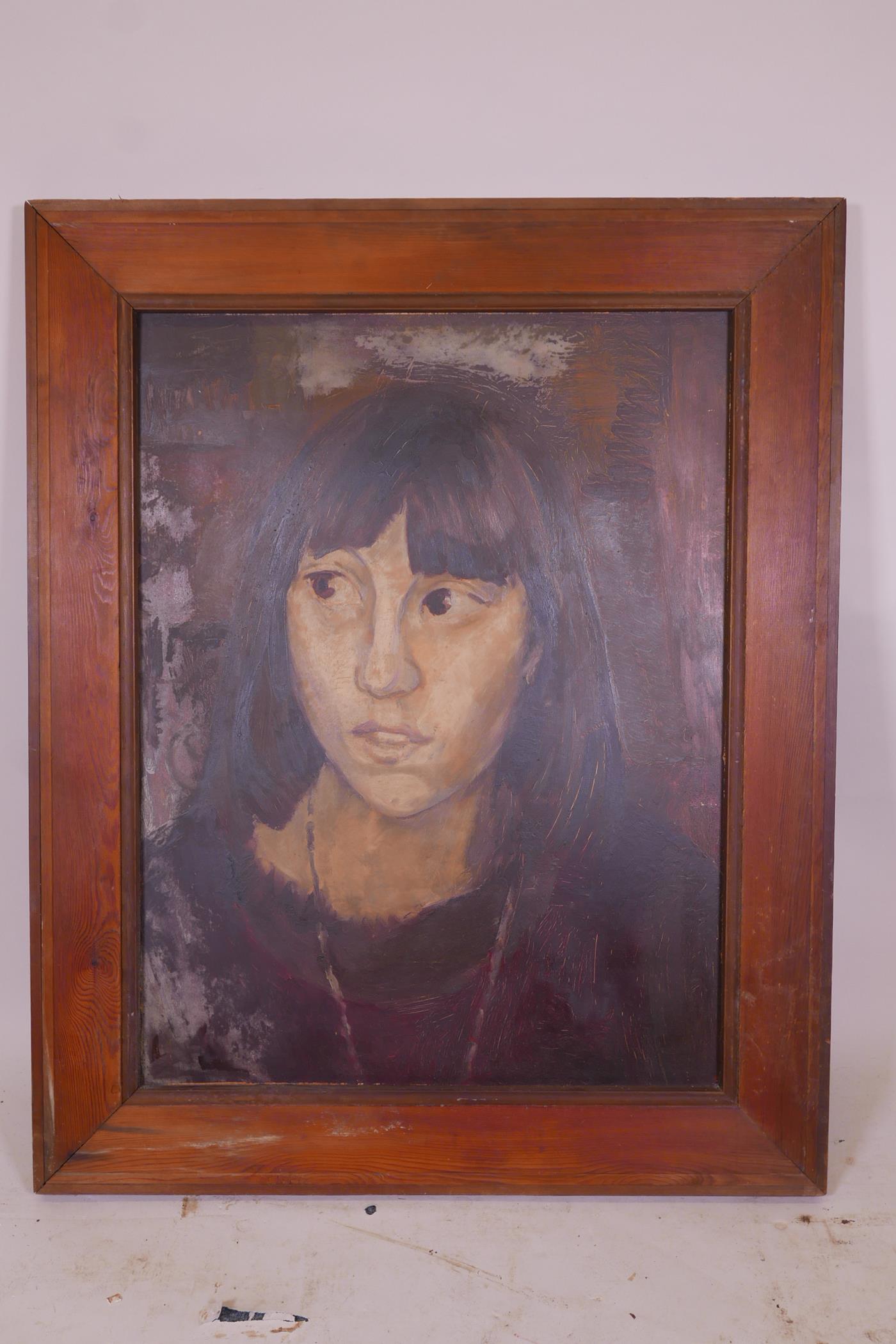 Portrait of a woman, inscribed verso 'Mona'(?), unsigned, mid C20th, oil on board, 36" x 28" - Image 2 of 6