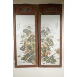 A pair of Chinese Republic famille verte porcelain panels depicting a riverside mountain