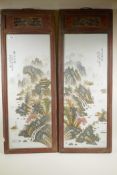 A pair of Chinese Republic famille verte porcelain panels depicting a riverside mountain